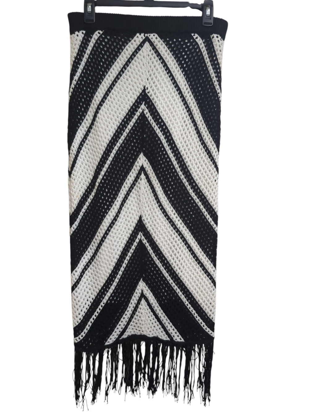 Willow & Wind Chevron Crochet Knit Fringe Maxi Skirt Black White L Boho Festival